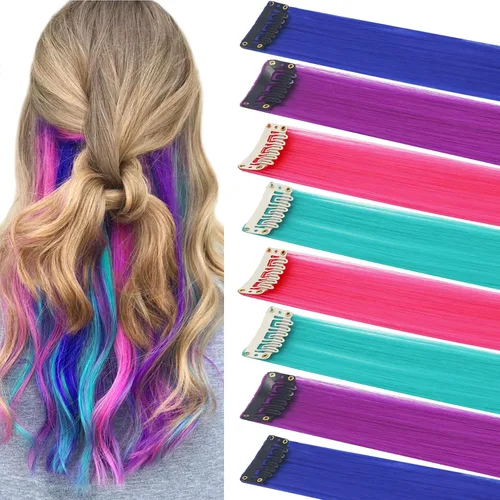 Miniatura 2 de Rhyme 8 extensiones de cabello de colores con clip de 21 pulgadas para niñas y mujeres, accesorios para el cabello, pelucas, postizos, regalo