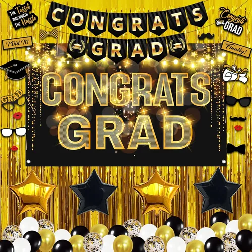 Gran juego de globos de graduación dorados 2022 – Suministros para fiesta de graduación 2022 | Decoraciones de graduación en negro y dorado 2022 |
