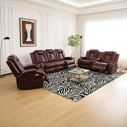 Miniatura 10 de Juego de sofá reclinable eléctrico con LED, juego de sofá de cuero transpirable para sala de estar, juego de sofá reclinable con puerto USB, Negro