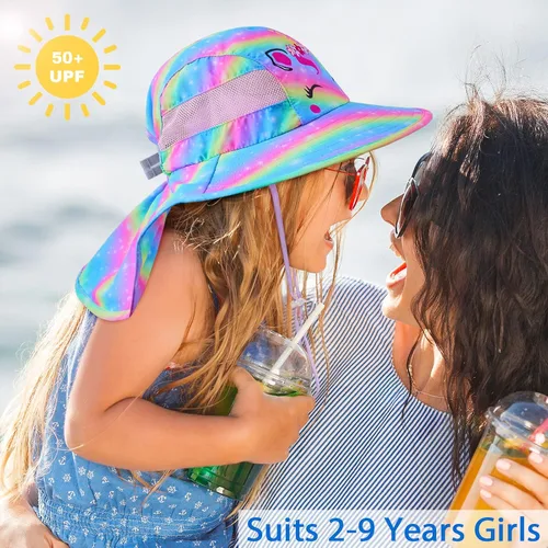 Miniatura 86 de Sombrero de sol para niños, protección UV, unicornio, verano, playa, jugar con ala ancha, solapa para el cuello para niñas y niños
