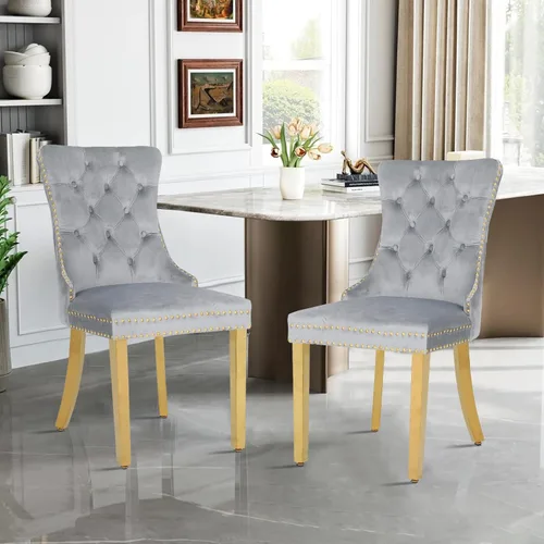 Miniatura 19 de Juego de 2 sillas de comedor de terciopelo, sillas de comedor modernas de lujo con patas de acero inoxidable doradas, sillas decorativas de cocina