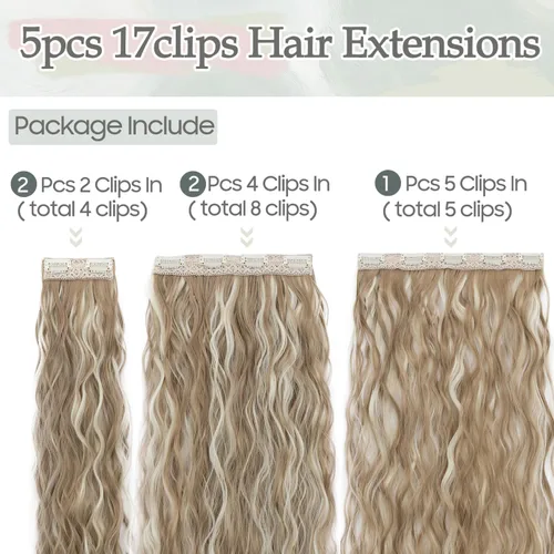 Miniatura 3 de S-noilite Extensiones de cabello sintético con clip de 24 pulgadas, 5 unidades, ondas sueltas, extensiones de cabello sintético grueso y natural