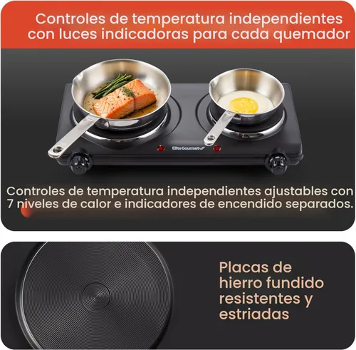 Miniatura 4 de Elite Gourmet EDB-302BF# Quemador doble de hierro fundido para encimera, placa caliente eléctrica de 1500 vatios, controles de temperatura, luces