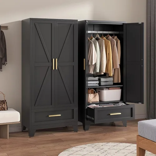 Miniatura 2 de LCAOPC Armario de metal de 71 pulgadas de alto con cajón y barra para colgar, armario de 2 puertas con estante para dormitorio, oficina, lavandería