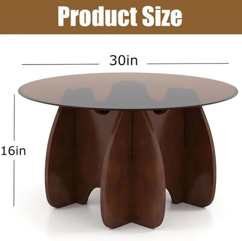 Miniatura 2 de Mesa de centro redonda de cristal, 30 pulgadas de diámetro, tapa templada marrón con patas de madera maciza de nogal, caballete central moderno