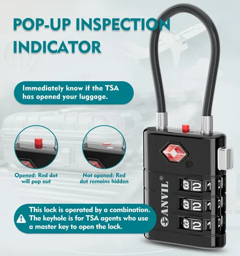 Miniatura 3 de ANVIL Cerraduras de equipaje aprobadas por la TSA - Cerraduras de viaje combinadas TSA008 de alta seguridad con indicador de inspección para maletas