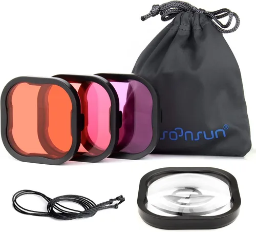 SOONSUN Paquete de 4 filtros de buceo para GoPro Hero 11, 10, 9, 8, carcasa impermeable oficial, rojo, rojo claro, magenta, 5 filtros macro de