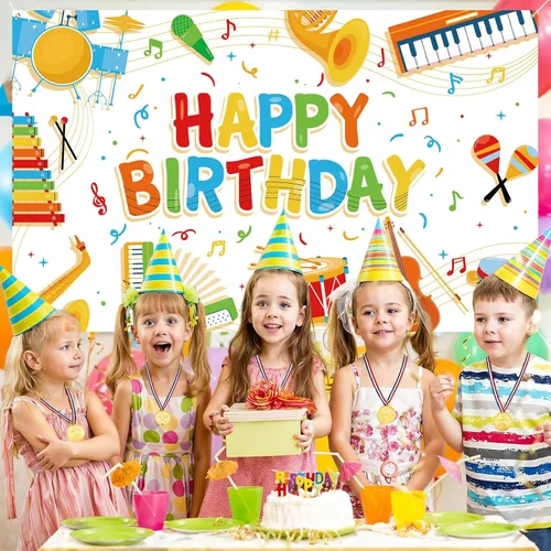 Miniatura 6 de Cartel de notas musicales para niños, decoración de feliz cumpleaños, instrumento musical, fondo de fiesta de rock and roll para niños y niñas