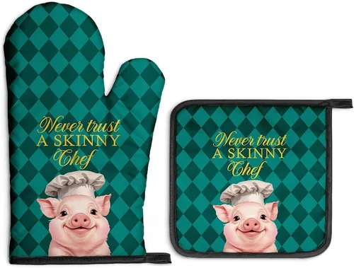 Miniatura 23 de Always Use Protection - Juego de guantes de horno y soportes para ollas, divertidos guantes de cocina retro para panaderos, regalos de inauguración