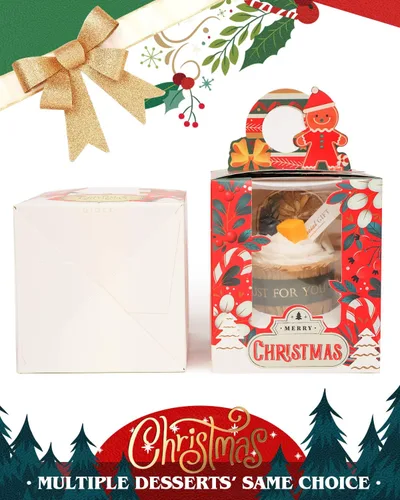 Miniatura 5 de qiqee Cajas individuales de cupcakes de Navidad, 50 unidades, cajas de magdalenas individuales con ventana 3.7 "3.7" x 4.5 " caja de magdalenas