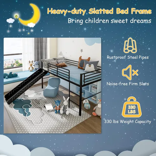 Miniatura 7 de Giantex Cama alta individual con tobogán, litera baja de metal con barandillas de seguridad y escalera integrada, marco de suelo de cama infantil
