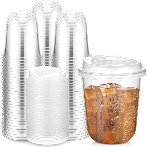Miniatura 20 de Baderke 50 juegos de vasos de plástico transparente de 16 onzas con tapas, tazas de café helado resistentes con tapas, vasos de plástico desechables