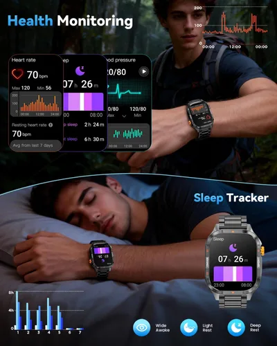 Miniatura 7 de Relojes inteligentes para hombres, reloj inteligente militar HD de 2.01 pulgadas con batería de 1000 mAh/linterna, responder/hacer llamadas reloj