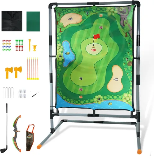 Miniatura 7 de Juego de astillado de golf con soporte, juego de práctica de golf multideportivo con tiro con arco, hacha, dardos, alfombrilla de golpeo de doble