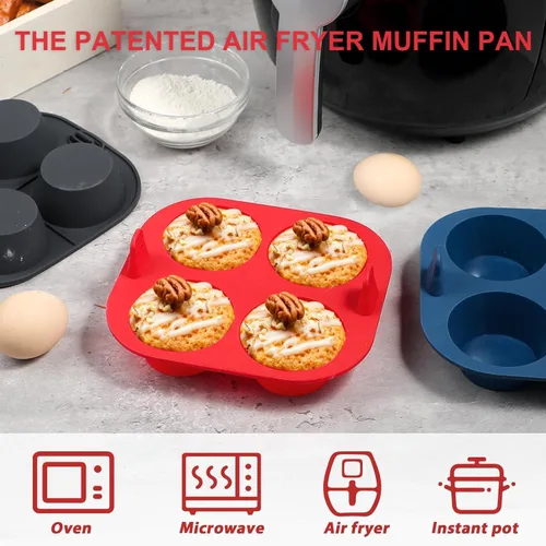 Miniatura 3 de Webake 3 piezas de molde para magdalenas de silicona para freidora de aire con 4 cavidades para freidora de aire, molde de silicona para huevos