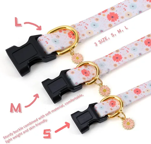 Miniatura 3 de Collar de perro de algodón hecho a mano para perros pequeños, medianos y grandes, margarita beige con colgante, lindos collares de perro (L)