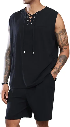 Lexiart Conjunto casual de lino de 2 piezas para hombre, camisa sin mangas, pantalones cortos de algodón con bolsillo