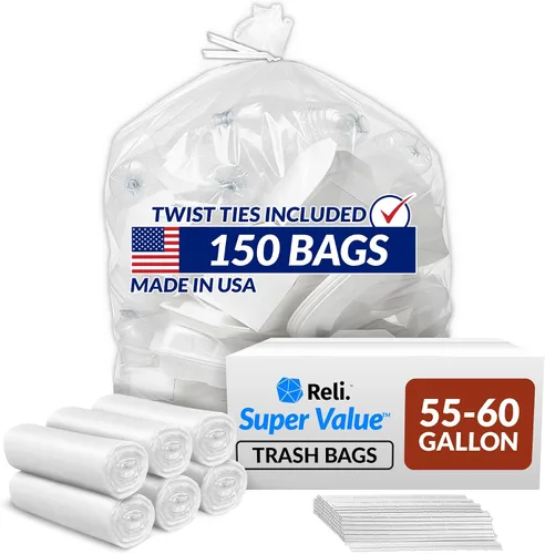 Reli. Bolsas de basura resistentes de 55 a 60 galones, 150 bolsas de basura con lazos, limpieza de basura súper grandes, transparentes y serias