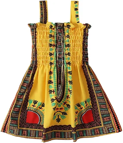 Noubeau Vestido Dashiki africano para niñas pequeñas, vestido de tirantes con volantes, estilo étnico bohemio, ropa de verano para bebé niña