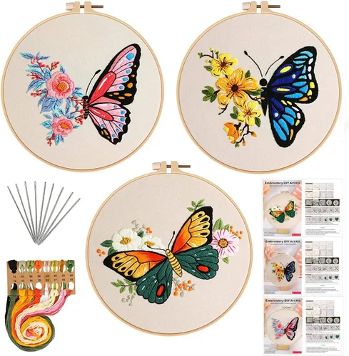 Miniatura 14 de Kit de bordado para principiantes, kits de punto de cruz para adultos, manualidades, 3 piezas, patrón de bordado, hilo de bordado de tela y agujas