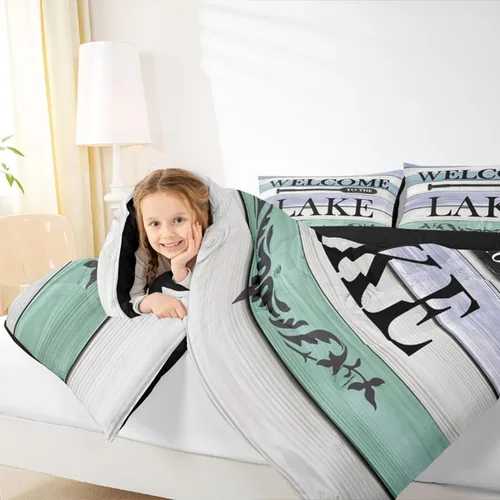 Miniatura 6 de Juego de ropa de cama King para casa del lago, juego de edredón de paleta de madera retro para regalos para amantes del lago, inserto de edredón