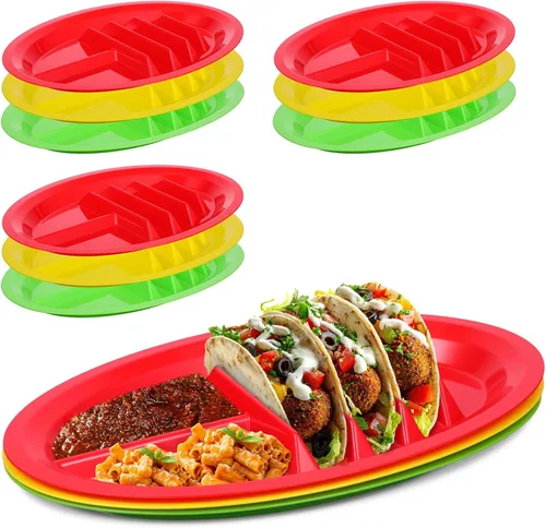 Paquete de 12 platos coloridos de plástico para tacos, soporte reutilizable para tacos con divisores para 3 tacos y 2 áreas de inmersión, sin BPA,