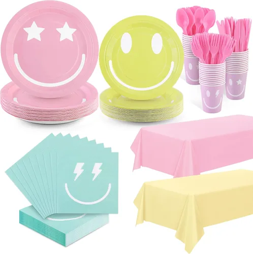 durony 254 piezas de decoración de fiesta de cara sonriente pastel pastel sonriente platos de papel servilletas, tazas, tenedores, cuchillos,