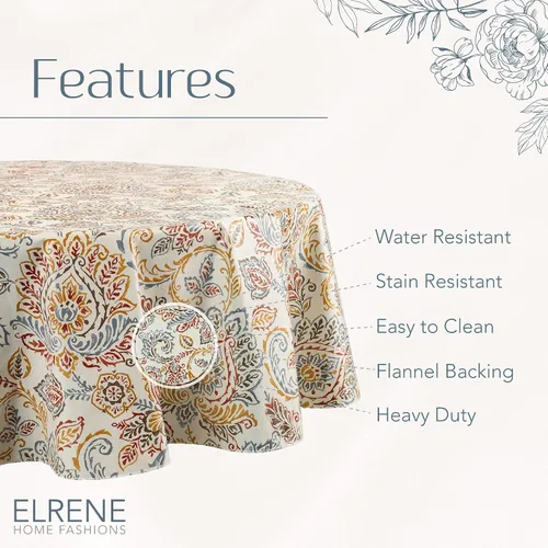Miniatura 4 de Elrene Home Fashions Ava - Mantel de vinilo jacobeo floral resistente al agua y a las manchas con reverso de franela, 70 x 70 pulgadas, redondo