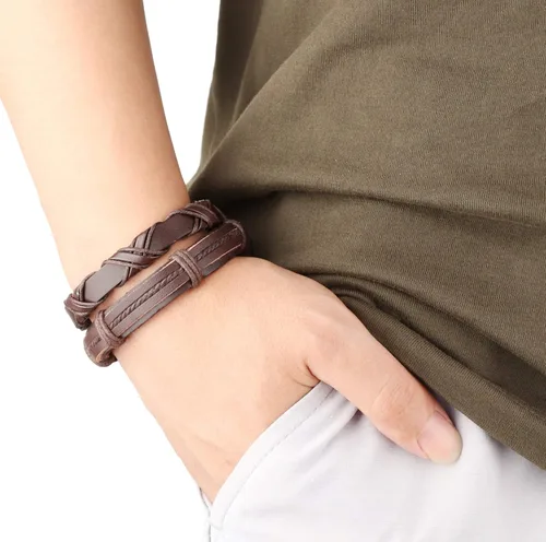 Miniatura 7 de Brazalete Jstyle de piel trenzada, ajustable, con cuentas de madera, envolvente, 17 unidades para hombre y mujer
