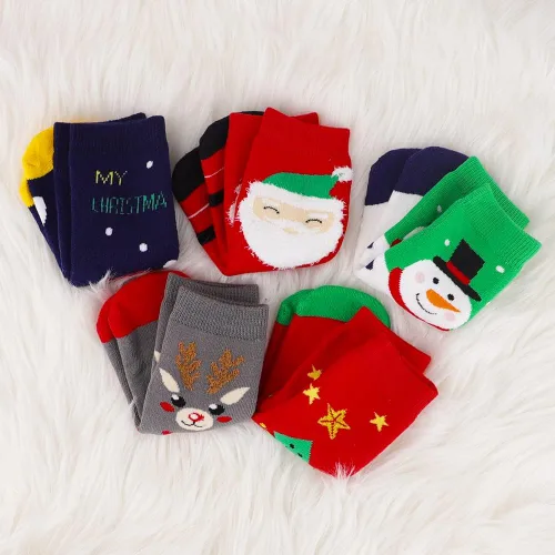 Miniatura 5 de UOIXPUHUO 5 pares de calcetines de Navidad calcetines de algodón cálidos de invierno para niños pequeños Rojo