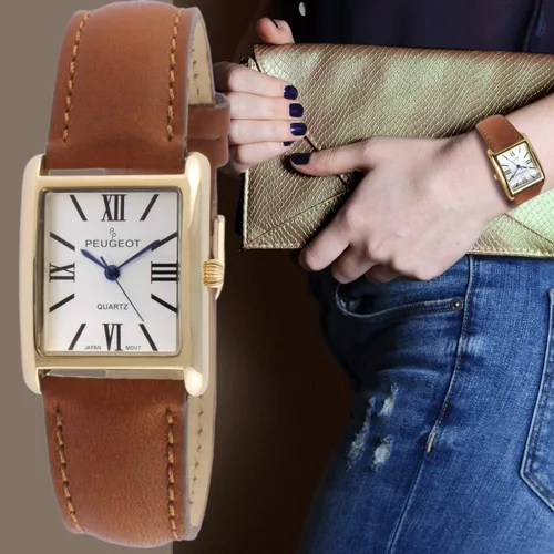 Miniatura 3 de Peugeot reloj de mujer enchapado en oro 14K, correa de cuero