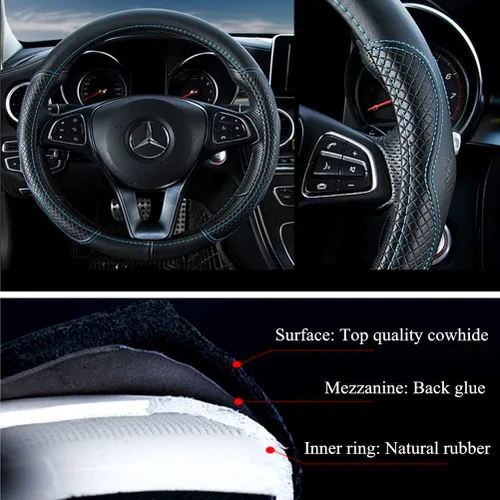 Miniatura 2 de Red Rain Funda de cuero negro y azul para volante de automóvil, tamaño universal M / 15 pulgadas, compatible con coche/automóvil/SUV