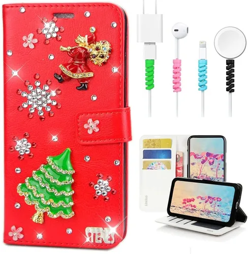 Miniatura 5 de Bling - Funda tipo cartera para teléfono compatible con Samsung Galaxy S21 Ultra, elegante, hecha a mano en 3D, diseño de árbol de Navidad, alce