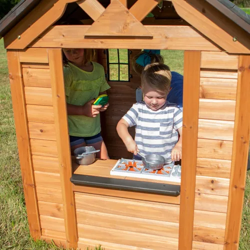 Miniatura 9 de Backyard Discovery Sweetwater Casa de juegos de madera de cedro para niños con cocina de juguete, barra de aperitivos, puerta media, teléfono