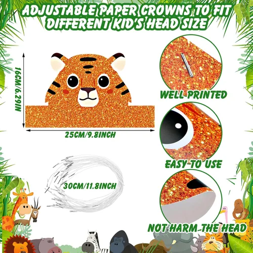 Miniatura 3 de 24 piezas de sombreros de fiesta de cumpleaños de animales, diademas de animales, corona de papel de fiesta de animales de la selva para niñas