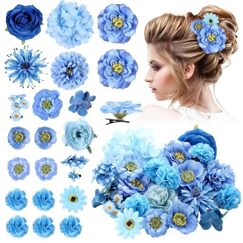 Miniatura 10 de BBTO 21 piezas pinzas para el pelo con diseño de flores, pasadores para el cabello con rosas, diademas para mujer, accesorios de flores, estilo Azul