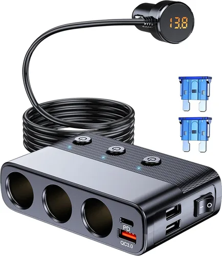 LIHAN Divisor de encendedor de cigarrillos 7-1, adaptador de cargador de coche de 12 V/24 V con expansor de 3 enchufes, PD30W tipo C, QC3.0 y