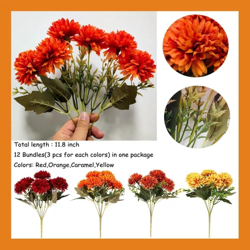 Miniatura 3 de AMZALI 12 piezas de flores artificiales de imitación para mamás, flores de color naranja quemado, surtido de flores falsas de seda para mamás