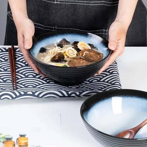 Miniatura 5 de Juego de cuencos de cerámica japoneses para ramen, 2 juegos de cuencos asiáticos para fideos para sopa Pho Udon con cucharas y palillos