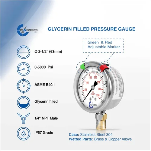 Miniatura 2 de Medidor de presión relleno de líquido de glicerina de 5000 PSI, dial de 2.5 pulgadas, montaje inferior 1/4 NPT, caja de acero inoxidable 304, piezas