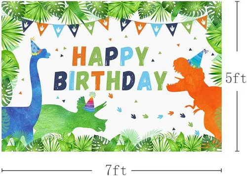 Miniatura 3 de AIBIIN Fondo de cumpleaños de dinosaurios de 7 x 5 pies para niños y niñas, dinosaurios, plantas del bosque, banderas, fondo de fotografía