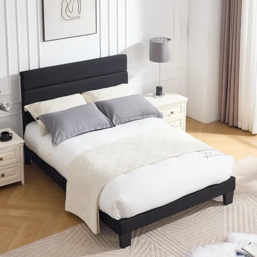 Miniatura 9 de Armazón de Cama de Plataforma Tamaño Full, Armazón de Cama con Cabecera de Tela Suave con Listones de Madera Resistentes – Moderno y Sin Ruido, Base
