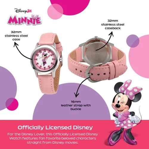 Miniatura 17 de Disney Minnie Mouse Watch for Girls – Cute Minnie Watch for Kids 3-5 with Stainless Steel Bezel & Pink Leather Strap – Adorable Mouse Watches
