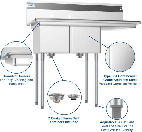 Miniatura 4 de KoolMore - SB121610-16R3 - Fregadero de cocina comercial NSF con 2 compartimentos, de acero inoxidable, con escurridor, tamaño del tazón: 12 x 16 x