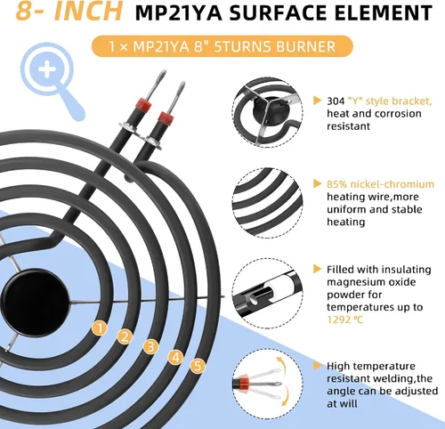 Miniatura 2 de AMI PARTS MP21YA Juego de quemadores de superficie para estufa eléctrica (8 pulgadas) Compatible con quemadores de superficie de estufa