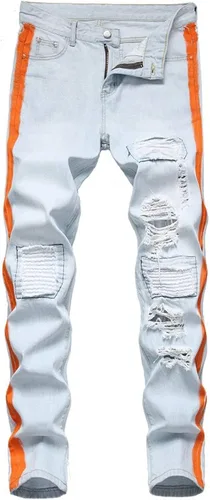 Jeans rasgados a rayas laterales para hombre, corte recto, desgastados, con agujeros destruidos, pantalones de mezclilla casuales ajustados estilo