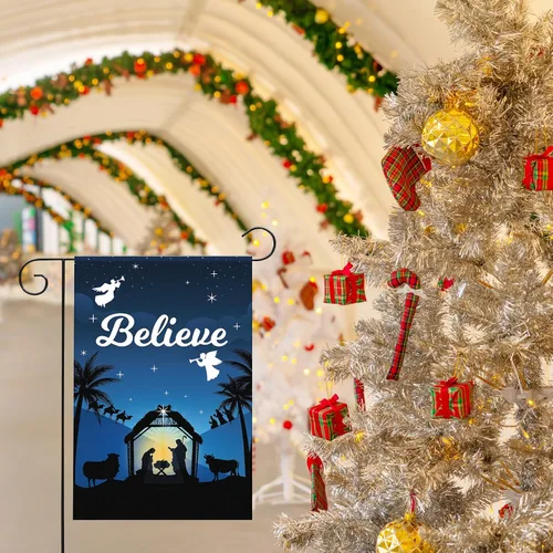 Miniatura 7 de Bandera de Jardín Navideña de 12 x 18 Pulgadas Believe Jesus Decoraciones de Invierno - Bandera de Patio de Vacaciones de Granja Rústica de Noche
