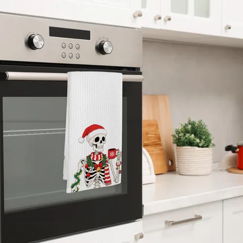 Miniatura 4 de Divertidas toallas de cocina de esqueleto navideño, toallas de mano góticas de Navidad para decoración de baño, rústico, retro, espeluznante