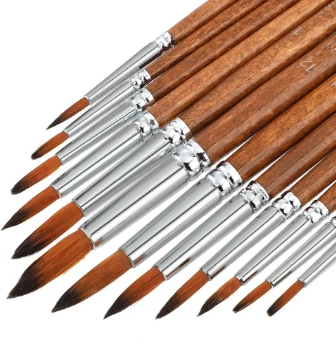 Thinp Juego de 12 pinceles para acuarela, punta redonda, punta puntiaguda, pinceles de pintura para detalles profesionales para acuarela, acrílicos