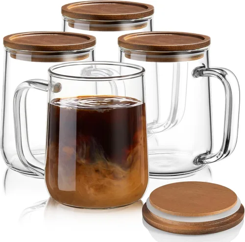 Miniatura 8 de Tazas de café de vidrio, tazas de café de vidrio de 14 onzas con tapas de madera de acacia, tazas de vidrio de borosilicato transparente con asas